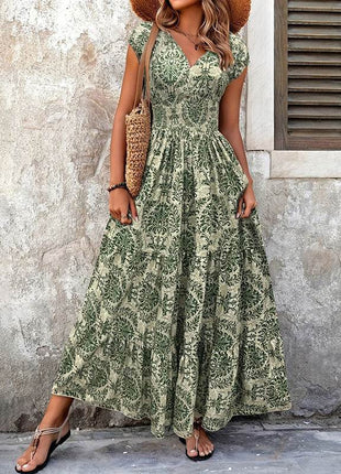 Women's Sexy V-Neck Short Sleeve Maxi Dress Summer Prints And Flowy Big Hem Beach Dresses - MimiStylez