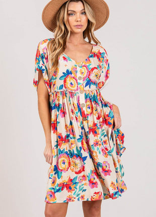 SAGE + FIG Full Size Floral Button-Down Short Sleeve Dress - MimiStylez