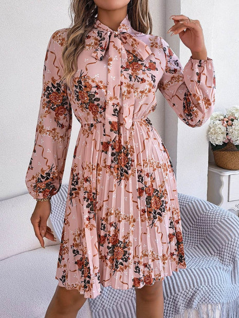Pleated Printed Tie Neck Long Sleeve Dress - MimiStylez
