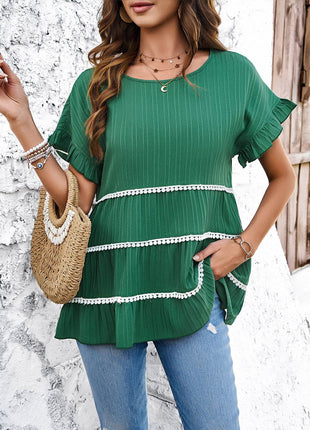 Round Neck Flounce Sleeve Blouse - MimiStylez