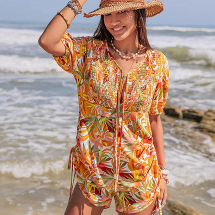 Smocked Printed Tie Neck Romper - MimiStylez