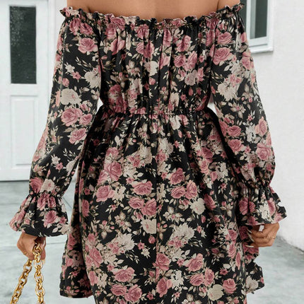 Floral Off-Shoulder Flounce Sleeve Dress - MimiStylez