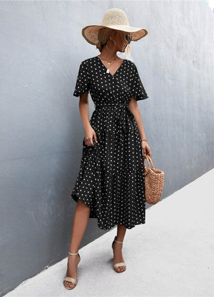 Printed V-Neck Flutter Sleeve Belted Dress - MimiStylez