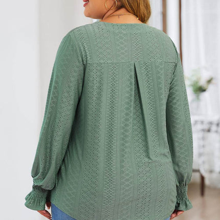 Plus Size Eyelet Notched Flounce Sleeve Blouse - MimiStylez