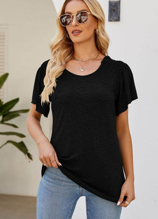 Smocked Round Neck Flutter Sleeve T-Shirt - MimiStylez