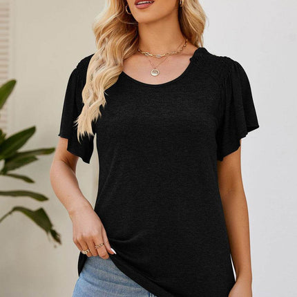 Smocked Round Neck Flutter Sleeve T-Shirt - MimiStylez