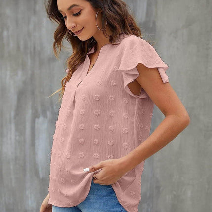 Swiss Dot Notched Cap Sleeve Blouse - MimiStylez