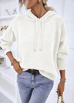 Texture Drawstring Long Sleeve Hooded Sweater - MimiStylez