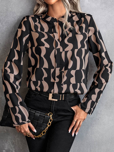 Printed Notched Long Sleeve Blouse - MimiStylez