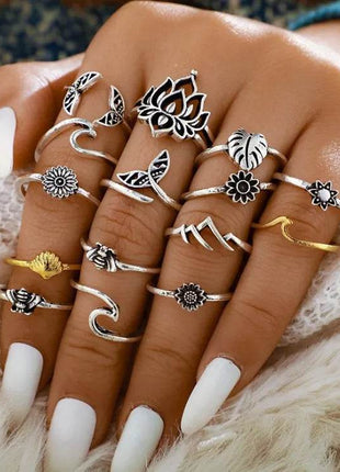 Alloy Multi Shapes 15-Piece Ring Set - MimiStylez