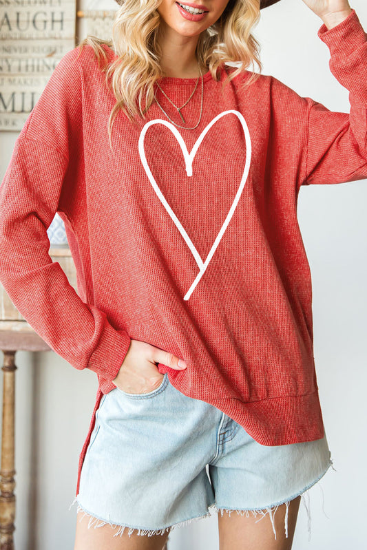 Slit Waffle-Knit Boat Neck Long Sleeve Sweatshirt