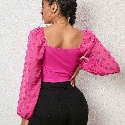 Swiss Dot Drawstring Cropped Blouse - MimiStylez