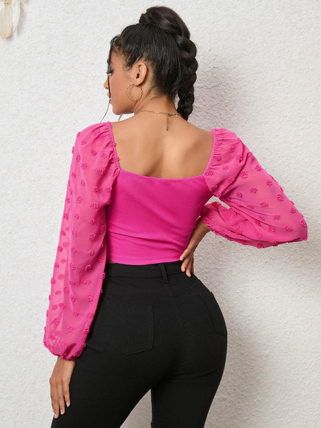 Swiss Dot Drawstring Cropped Blouse - MimiStylez