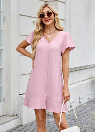Tied Button Up Short Sleeve Mini Shirt Dress - MimiStylez