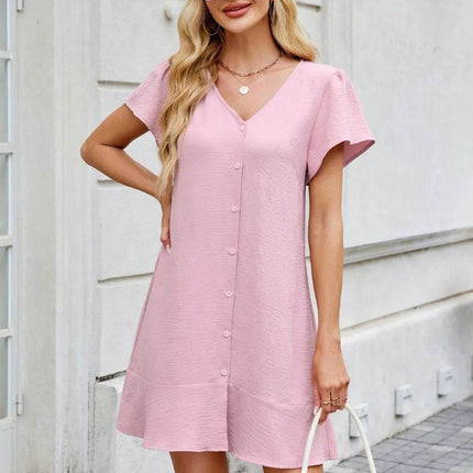 Tied Button Up Short Sleeve Mini Shirt Dress - MimiStylez