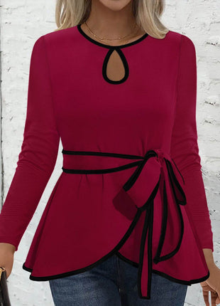 Tied Round Neck Long Sleeve T-Shirt - MimiStylez