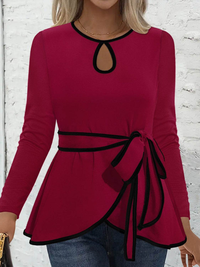 Tied Round Neck Long Sleeve T-Shirt - MimiStylez
