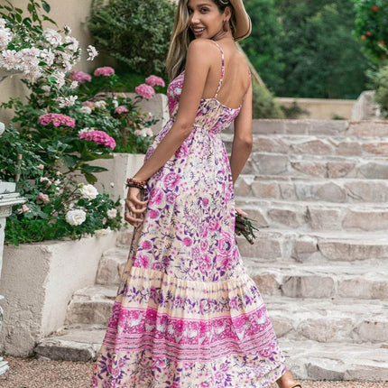 Tassel Printed V-Neck Maxi Dress - MimiStylez