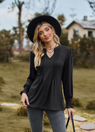Notched Neck Flounce Sleeve Blouse - MimiStylez