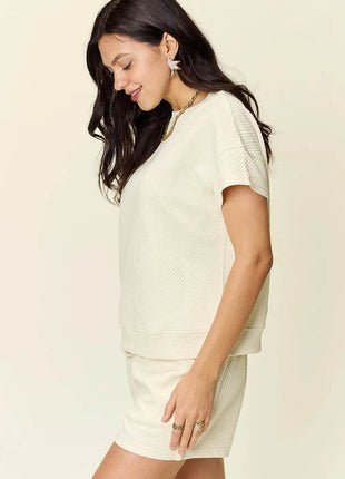 Double Take Full Size Texture Short Sleeve T-Shirt and Drawstring Shorts Set - MimiStylez