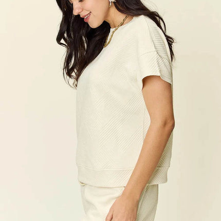 Double Take Full Size Texture Short Sleeve T-Shirt and Drawstring Shorts Set - MimiStylez