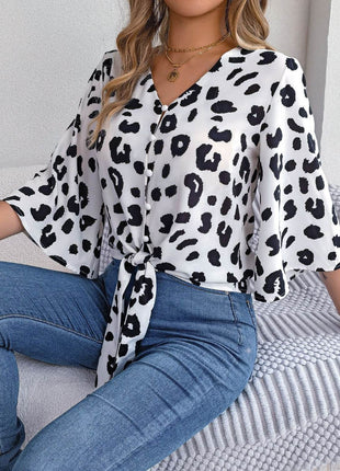 Tied Button Up Leopard V-Neck Blouse - MimiStylez