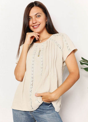 Double Take Crochet Buttoned Short Sleeves Top - MimiStylez