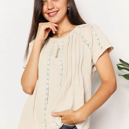 Double Take Crochet Buttoned Short Sleeves Top - MimiStylez