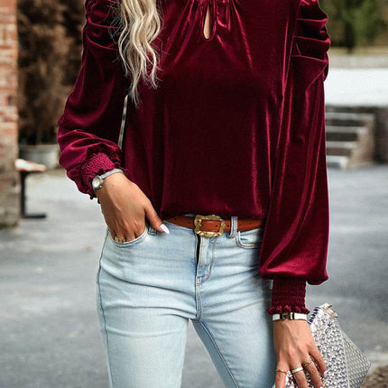 Tie Up Mock Neck Velvet Fabric Long Sleeve Blouse - MimiStylez
