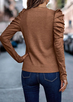 Decorative Button Puff Sleeve T-Shirt - MimiStylez