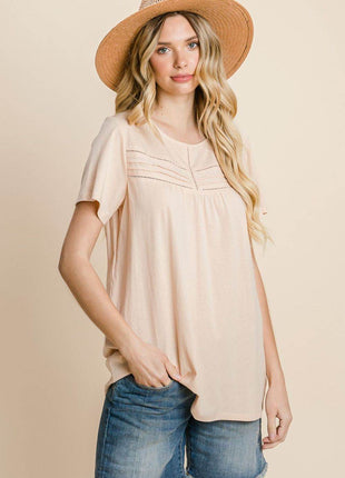 Cotton Bleu by Nu Label Eyelet Round Neck Short Sleeve T-Shirt - MimiStylez