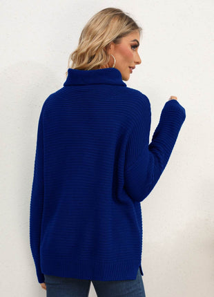 Slit Turtleneck Dropped Shoulder Sweater - MimiStylez