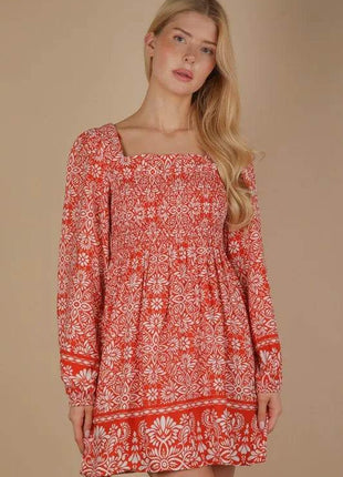 VERY J Printed Smocked Chest Boho Mini Dress - MimiStylez