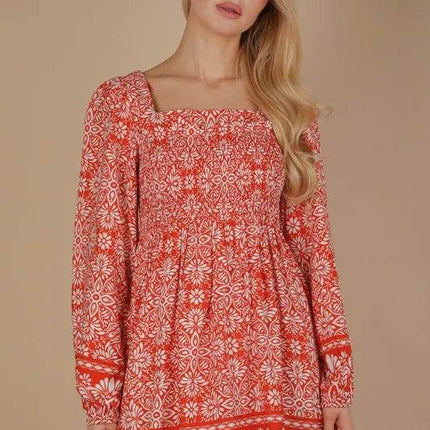 VERY J Printed Smocked Chest Boho Mini Dress - MimiStylez