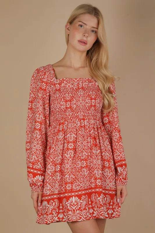 VERY J Printed Smocked Chest Boho Mini Dress - MimiStylez