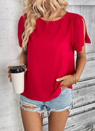 Round Neck Slit Short Sleeve Top - MimiStylez