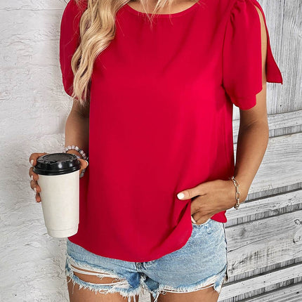 Round Neck Slit Short Sleeve Top - MimiStylez