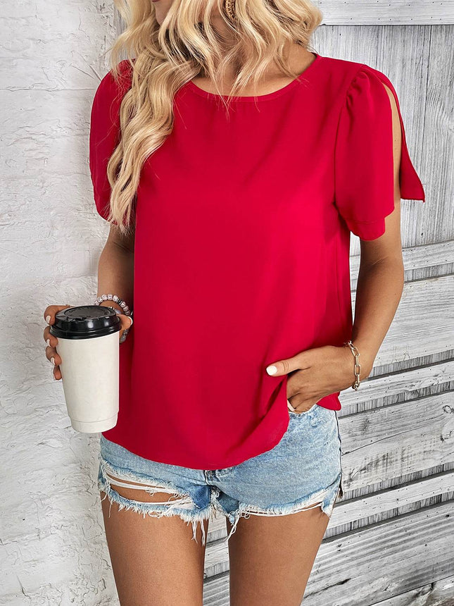 Round Neck Slit Short Sleeve Top - MimiStylez