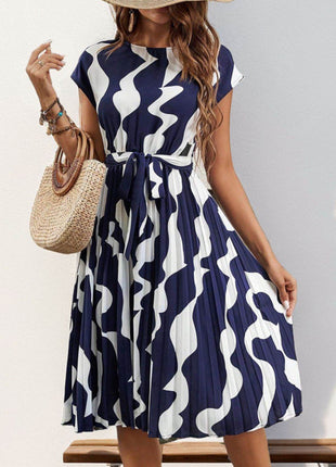 Tied Pleated Printed Cap Sleeve Dress - MimiStylez