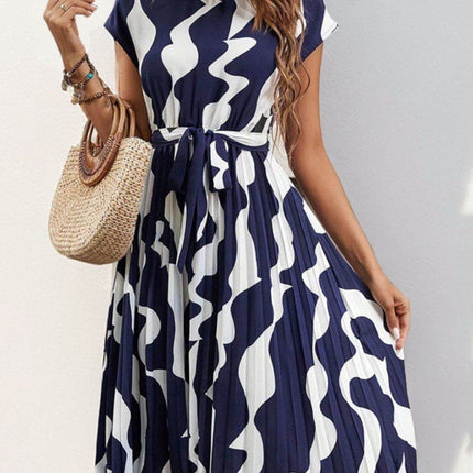 Tied Pleated Printed Cap Sleeve Dress - MimiStylez