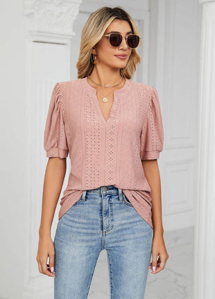 Eyelet Short Puff Sleeve Notched Neck Top - MimiStylez