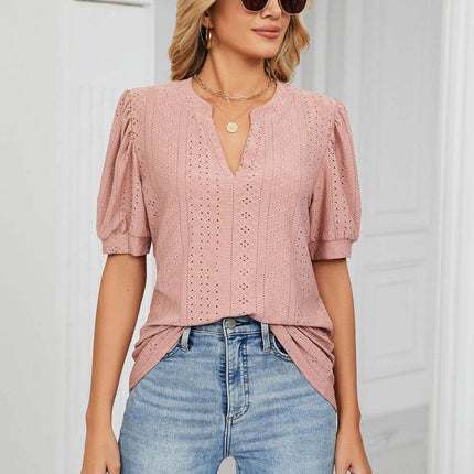 Eyelet Short Puff Sleeve Notched Neck Top - MimiStylez