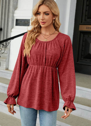Round Neck Flounce Sleeve Blouse - MimiStylez