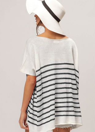 BiBi V Neck Striped Short Sleeve Top - MimiStylez