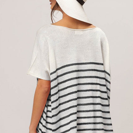 BiBi V Neck Striped Short Sleeve Top - MimiStylez