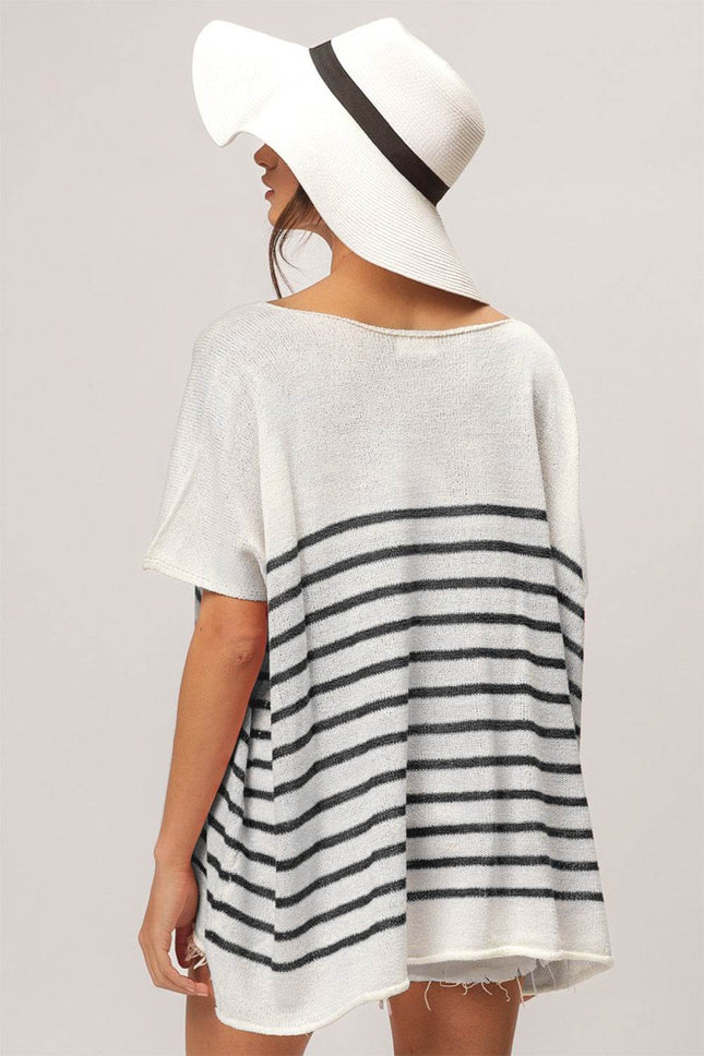 BiBi V Neck Striped Short Sleeve Top - MimiStylez