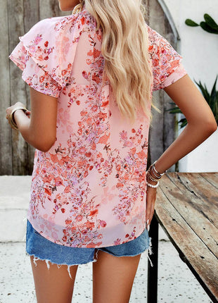 Printed Ruffled Mock Neck Blouse - MimiStylez