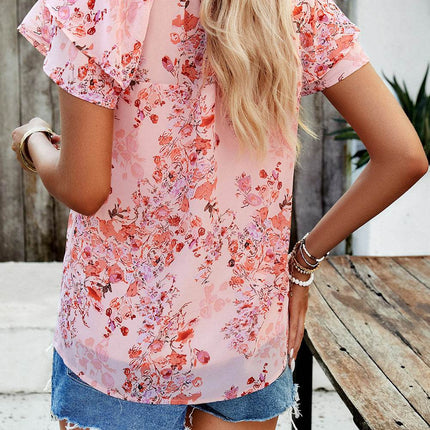 Printed Ruffled Mock Neck Blouse - MimiStylez