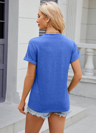 Decorative Button Notched Short Sleeve T-Shirt - MimiStylez