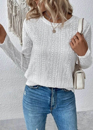 Eyelet Round Neck Long Sleeve Blouse - MimiStylez